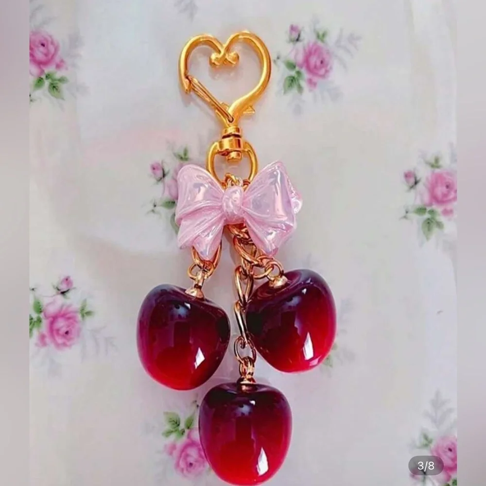 Cherry Keychain with Pink Bow Gold Heart Clasp Bag Charm NWT - Picture 1 of 2